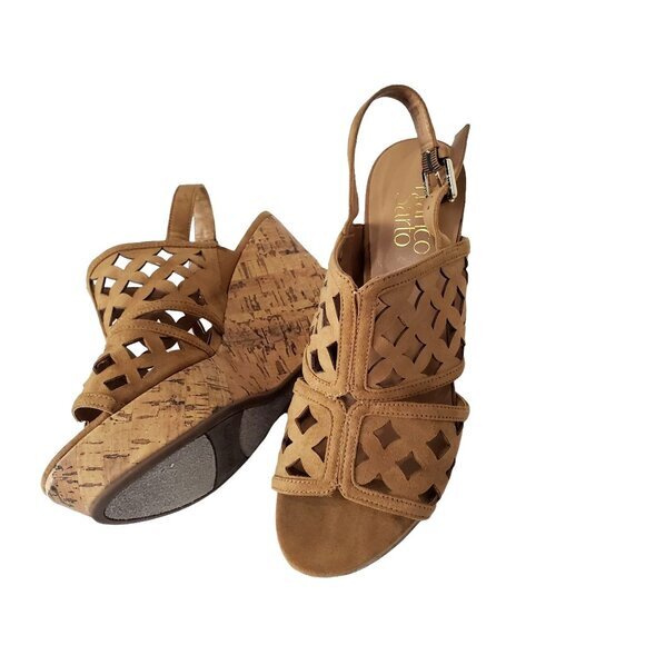 FRANCO SARTO Womens Sandals 8 Shea‎ Cut Out Wedge Cork Leather Tan Chunky Y2K - Picture 2 of 9